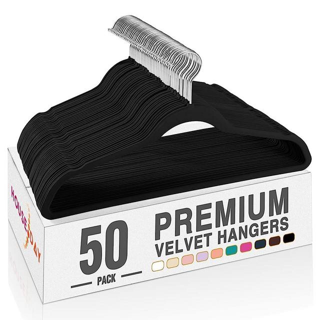 HOUSE DAY Premium Velvet Hangers 50 Pack, Non-Slip Flocked Felt Hangers, Sturdy Clothes Hangers Heavy Duty Coat Hangers & Suit Hangers, Durable Slim Black Hangers for Closet Space Saving