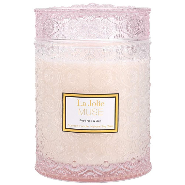 LA JOLIE MUSE Rose Noir & Oud Scented Candle, Rose Candle Gift for Women, Large Glass Jar Candles for Home, Wood Wick, 90 Hours Long Burning, 19.4 oz