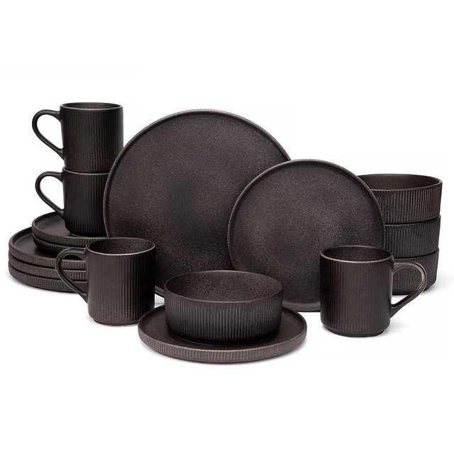 OTAGO 16-Piece Dinnerware Set for 4 with Mugs, Ribbed Stoneware Plates and Bowls Sets, Unique Handcrafted Reactive Glaze, Chip and Scratch Resistant Dish Set, Microwave & Dishwasher Safe, Black