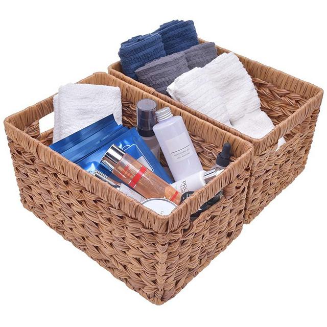 GRANNY SAYS Hand-Woven Storage Baskets, Imitation Wicker Baskets with Handles, Rectangle Decorative Baskets, Walnut, 13" x 8.2" x 7", Set of 2
