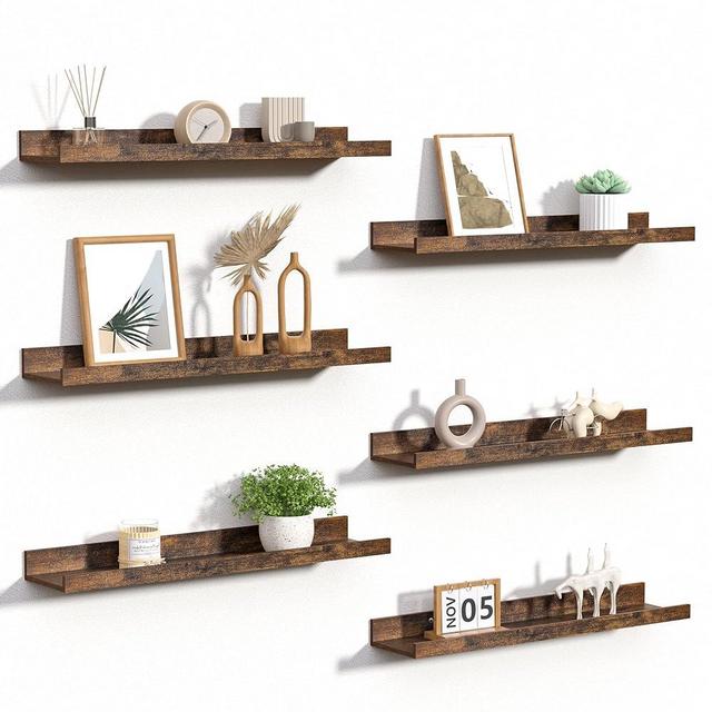 upsimples Floating Shelves for Wall, Wall Shelves for Decor Storage Set of 6, Wall Mounted Wood Shelves for Bedroom, Living Room, Bathroom, Kitchen, 23.6 inch Long Picture Ledge Shelves, Brown