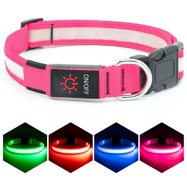 Vizpet LED Dog Collar, Light Up Dog Collar Adjustable USB Rechargeable Super Bright Safety Light Glowing Collars for Dogs (Large, Pink)
