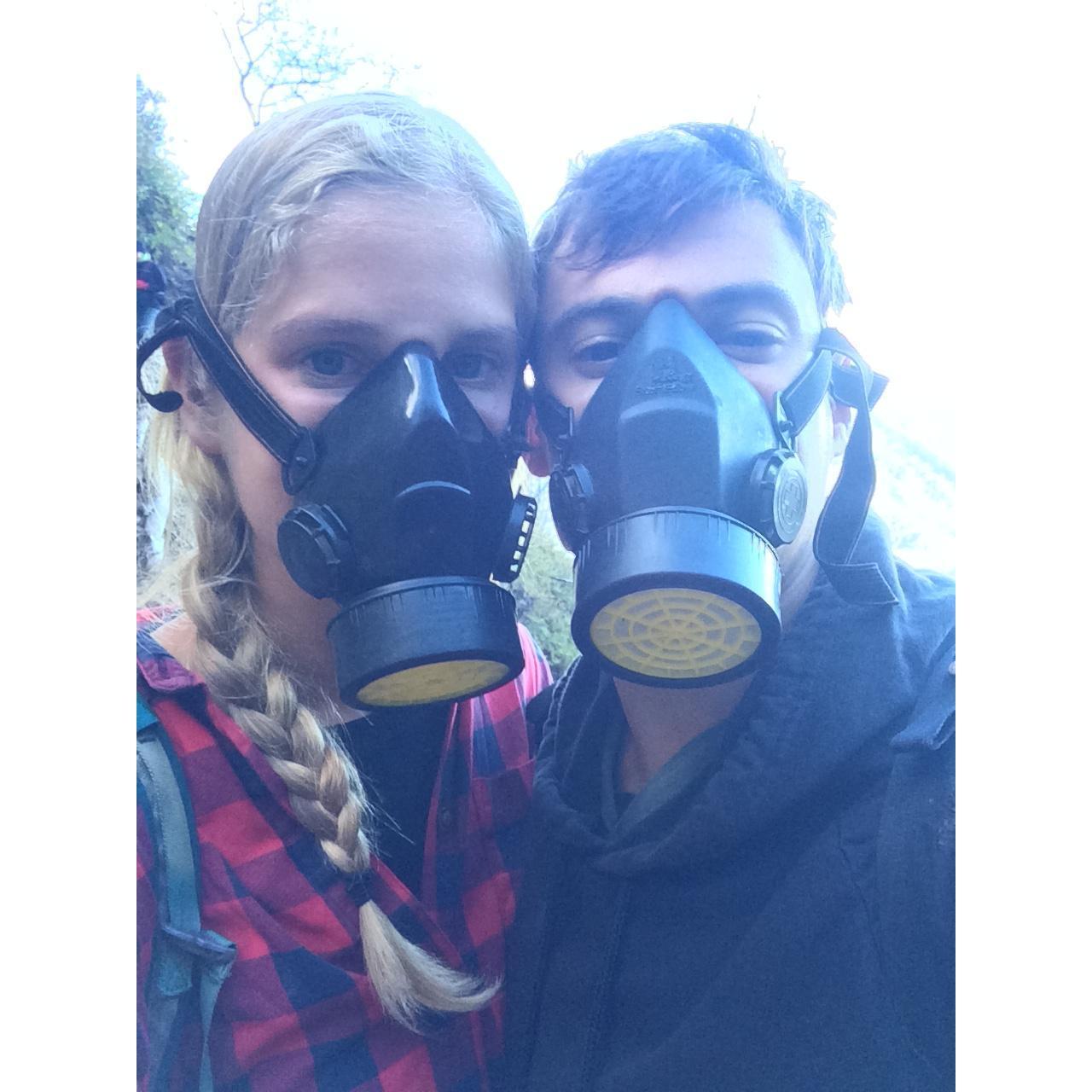 Gas masks at the sulfur mine at Kawa Ijen, Indonesia