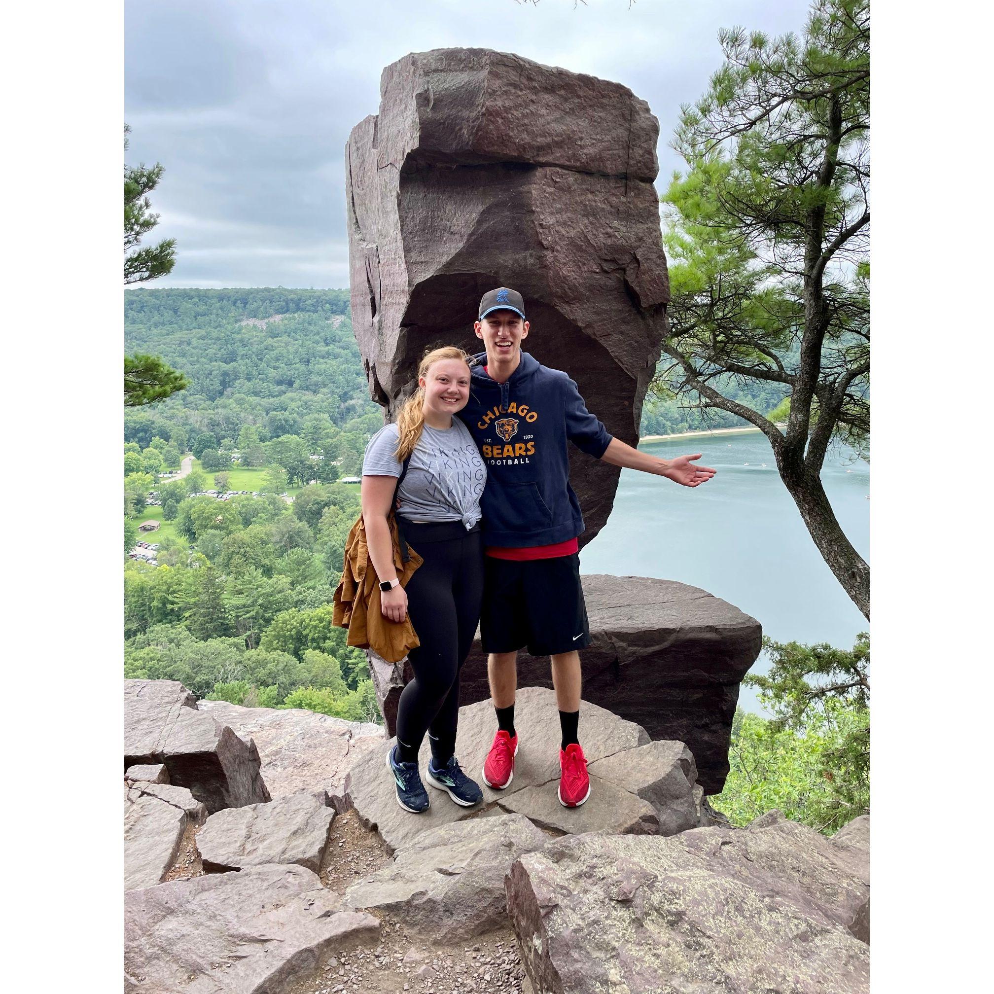 In August 2023, we were feeling quite adventurous and decided to go to Devil's Lake. Forever adventure buddies!

Pictured here is Balanced Rock.