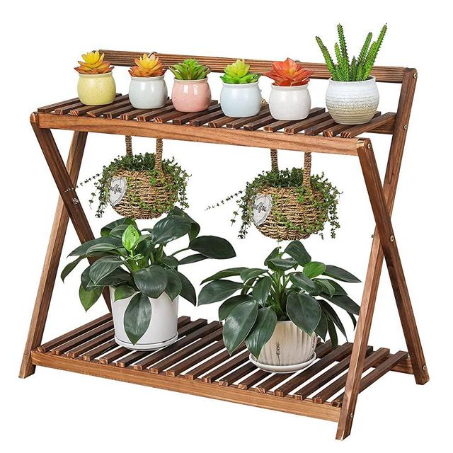 TOVACU Indoor Plant Stand for Multiple Plants 2 Tier Wood Corner Plant Shelf Rack with Planter Hanger Outdoor Flower Pot Stand Holder for Yard Patio Garden Balcony Porch Living Room (Rustic X-Cross)