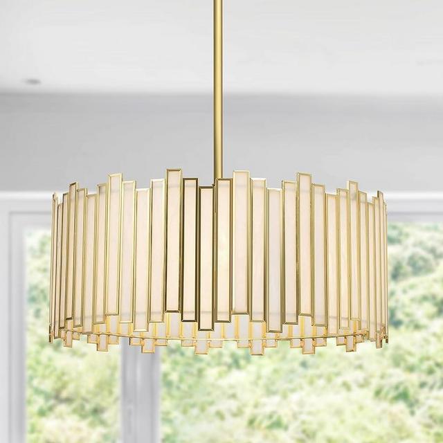 Wrlmfy Gold Drum Chandelier 4-Light, Modern Drum Pendant Lighting Fixture with Tiffany Glass Shade, 16” Round Ceiling Hanging Light for Bedroom Dining Room Kitchen Entryway Living Room (Gold)