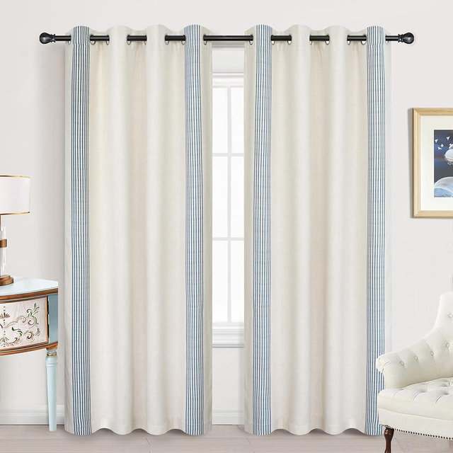 DriftAway Chris Vertical Striped Pattern Linen Blend Lined Thermal Insulated Blackout and Room Darkening Linen Curtains for Farmhouse Printed 2 Panels 52 Inch by 84 Inch Cabana Denim Navy