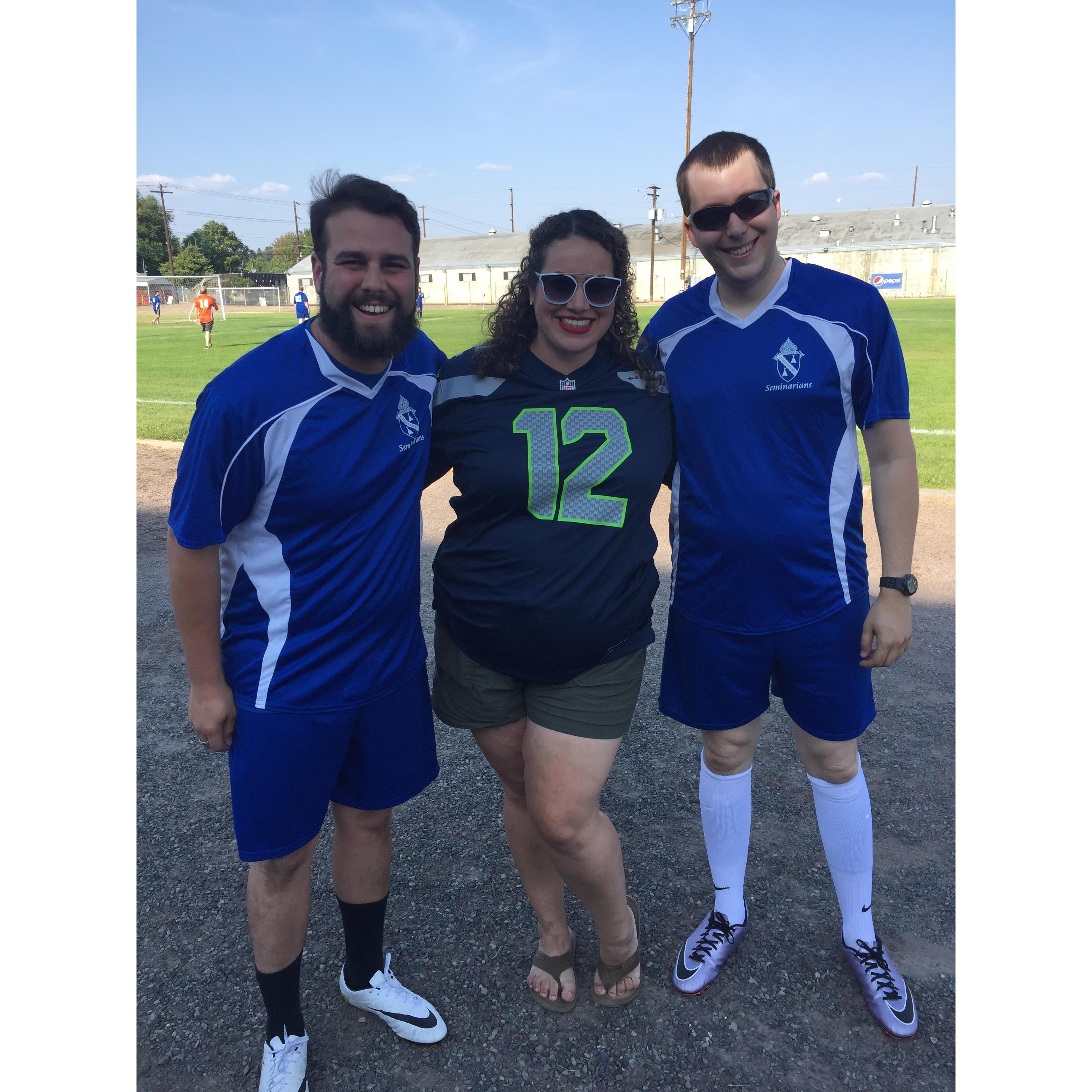 Michelle supporting her two favorite seminarians in the Priest vs. Seminarian soccer game.