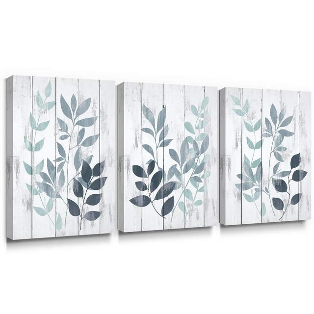takfot Blue Wall Art Rustic Canvas Paintings Vintage Leaf Art Prints Botanical Pictures Farmhouse Leaves Artwork Home Decor Stretched and Wrapped for Bathroom Living Room 12x16 Inch, 3 Panels