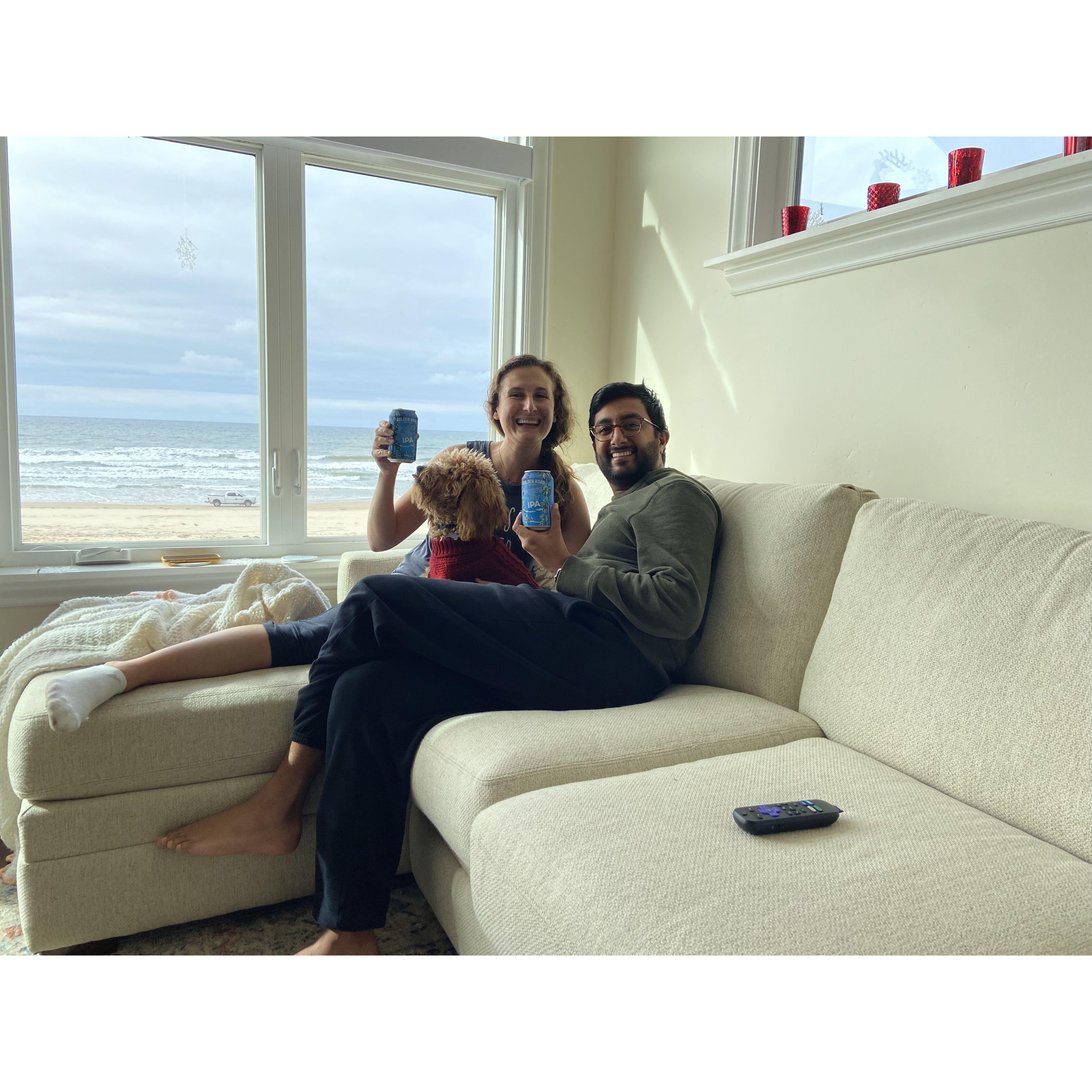 Laurin, Dhanesh, and Masala enjoying an afternoon brew with a view.