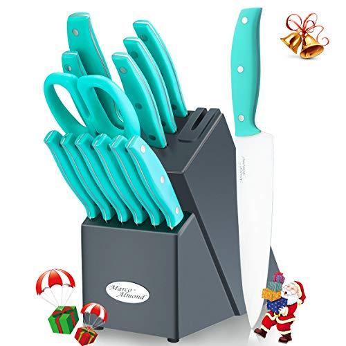 Knife Block Set, Kitchen Knife Set with Block, KYA24 14 Pieces Japanese Steel Knife Set, Knives Set with Block and in-Block Sharpener, with Steak Chef Knife Kitchen Scissor FDA Certified Turquoise