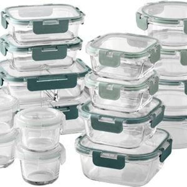 COOK WITH COLOR Premium 32-Pc. Borosilicate Glass Food Container Set with Dividers - 4 Rectangles, 8 Rounds, 4 Squares - Leakproof Lids - Meal Prep, Storage, Ombre Green