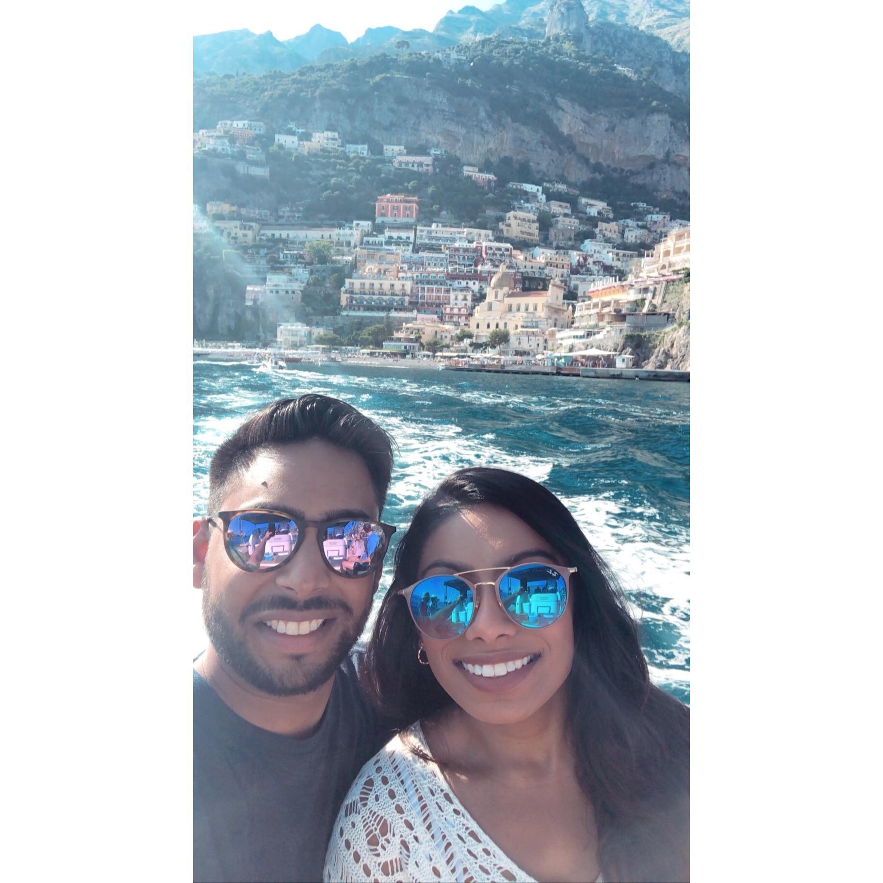 On our way to Capri with Positano in the rear! Fun fact- Nirmal loves being out on the water.