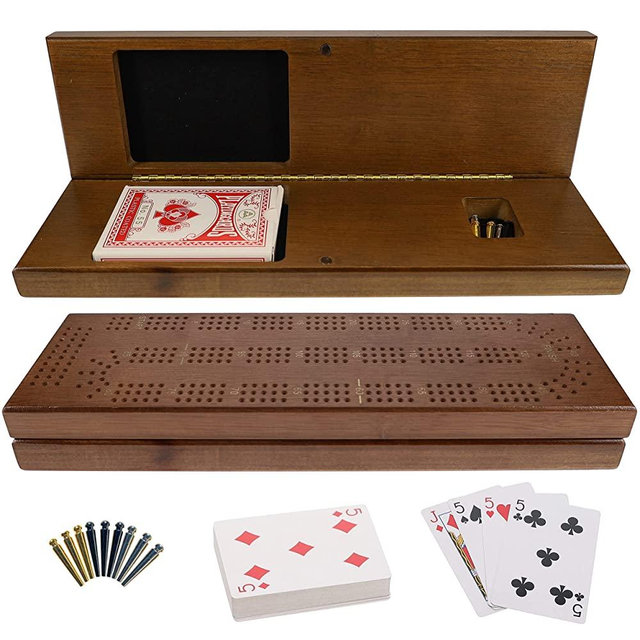 WE Games Wooden Cribbage Board Game Set, Continuous 3 Track for 2-3 Players, Travel Cribbage Board with Card Storage, Includes 9 Metal Pegs & Deck of Cards, Card Games, Classic Board Games for Adults