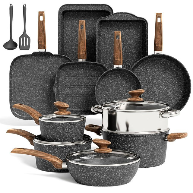 Kitchen Academy 17Pcs Pots and Pans Set Non Stick, Nonstick Kitchen Cookware Sets, Black Granite Induction Cookware, Non-toxic Healthy Nonstick Cooking Pans Set