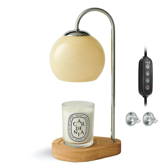 Kimikata Modern Candle Warmer Lamp with Timer and Dimmer, Dimmable Electric Candle Lamp Warmer, Wax Melt Warmer, Glass with Wood Base, Home Decor Gifts 2 Bulbs Included (Beige and Natural Wood Base)