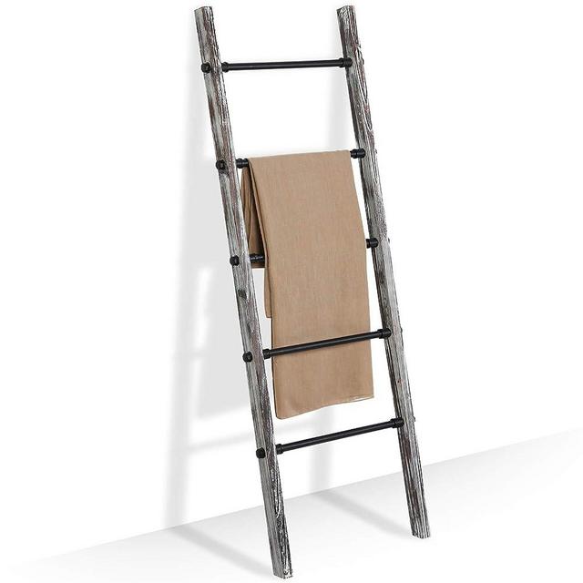 MyGift Urban Rustic Torched Wood Blanket Ladder Decor with 5 Industrial Metal Rungs, 5 Foot Wall Leaning Towel Storage Rack