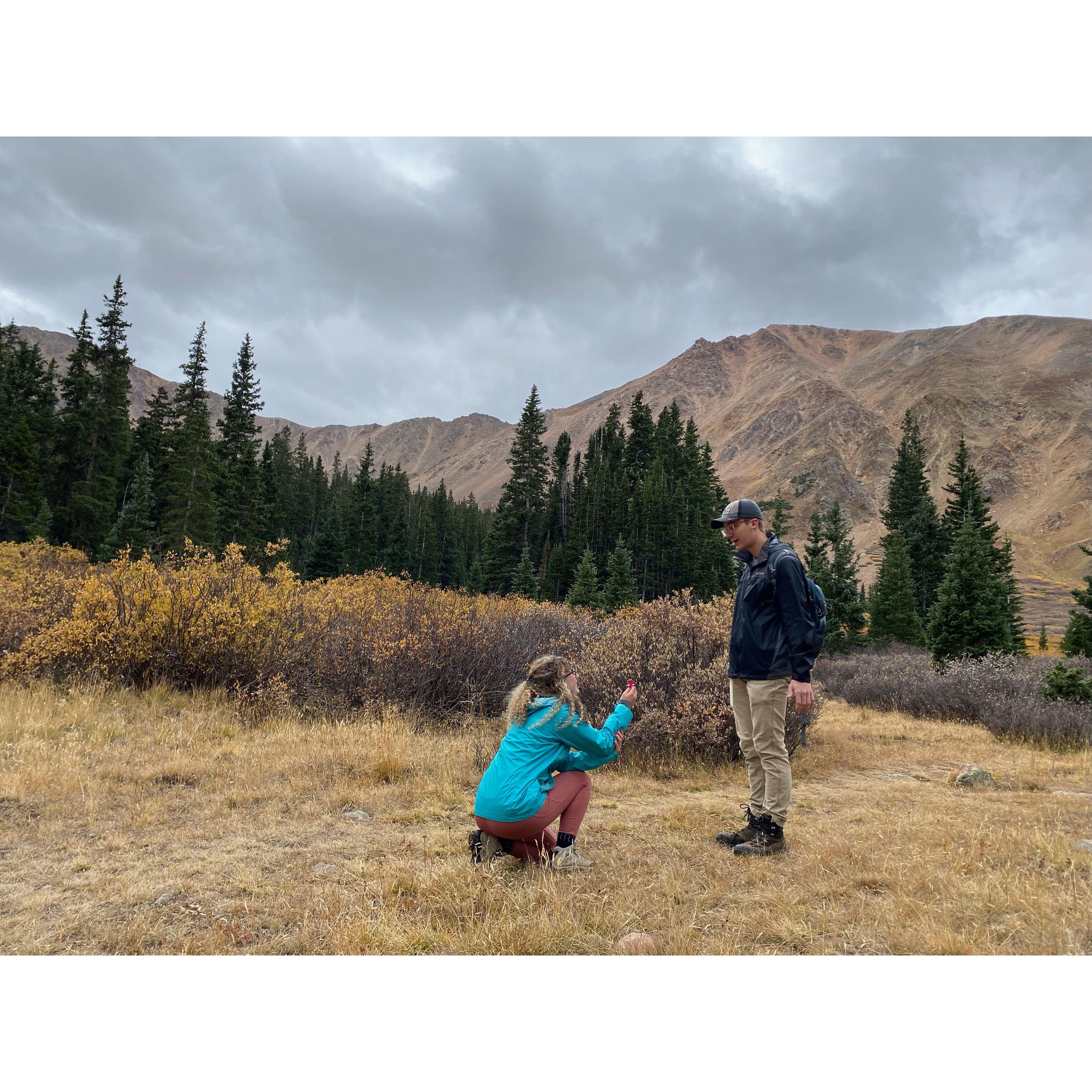Approximate re-enactment of when Sarah proposed to Luke in the quiet mountains of Colorado!