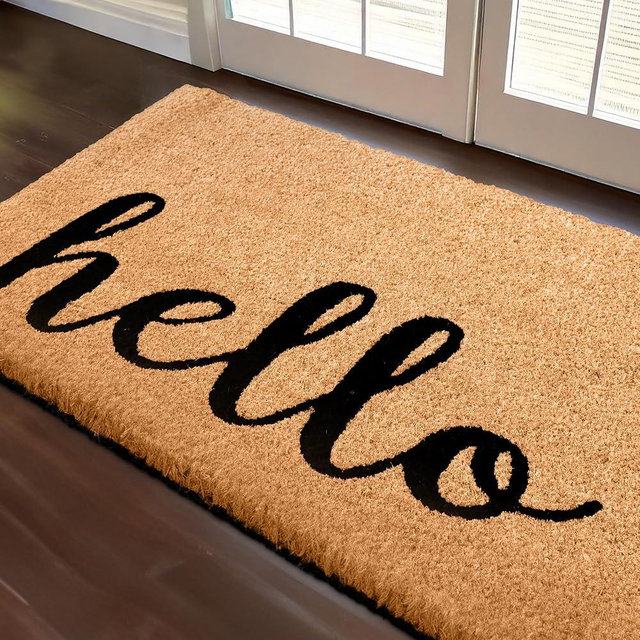 MaxMat Hello Door Mat Outdoor Coco Coir Doormat, with Heavy-Duty PVC Backing - Natural - Perfect Color/Sizing for Outdoor/Indoor uses. (36 x 24, Hello Script-8)