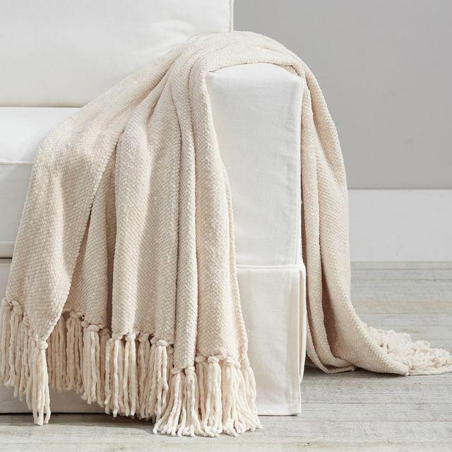 Chenille Hand-Knotted Fringe Throw, 50 x 60", Ivory