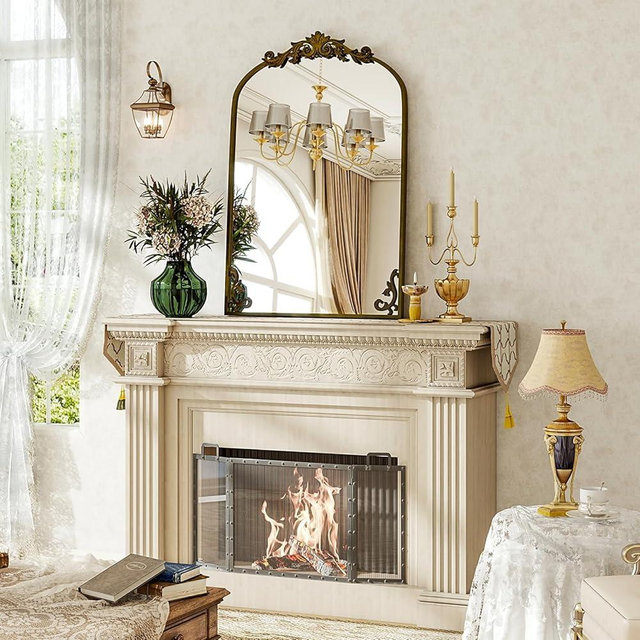 BEAUTYPEAK 24x36 Arched Mirror, Gold Traditional Vintage Ornate Baroque Wall Mirror, Brass Mirror for Bathroom, Bedroom, Hallway, or Fireplace Decor