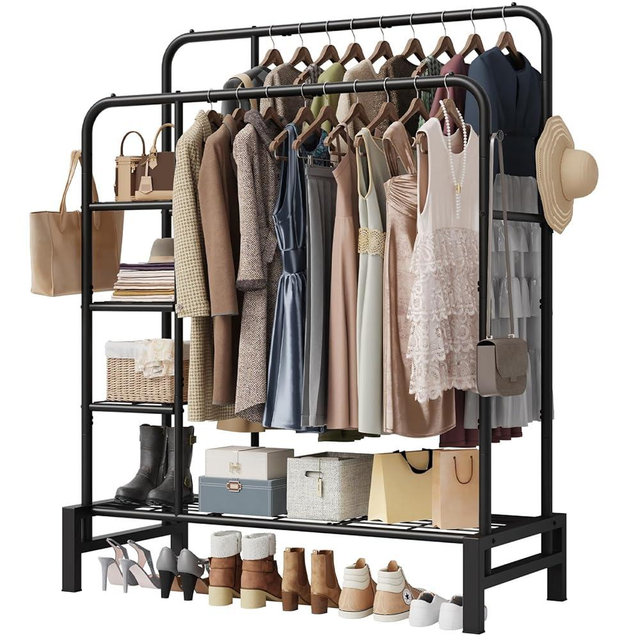 LZNIOZ Clothes Rack for Hanging Clothes, Double Rods Clothing Rack with 3 Tier Storage Shelves, Multifunctional Heavy Duty Garment Rack for Bedroom, Laundry, Living Room, Black