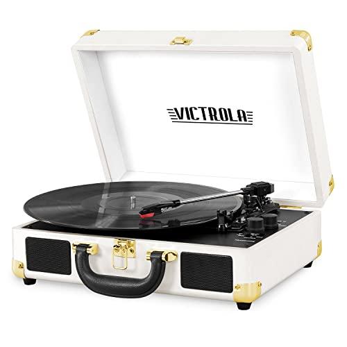 Victrola Vintage 3-Speed Bluetooth Portable Suitcase Record Player with Built-in Speakers | Upgraded Turntable Audio Sound| Includes Extra Stylus | White