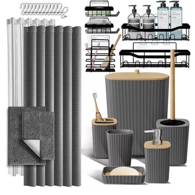 27 Piece Complete Bathroom, Vanity & Shower Accessories Set - Grey