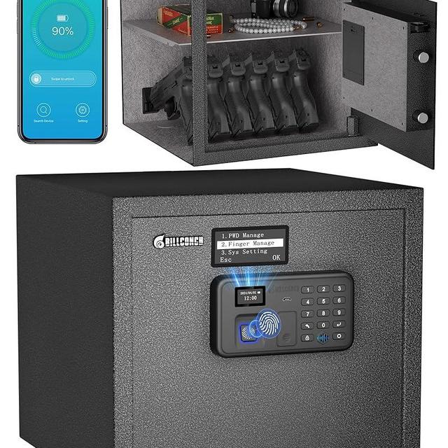 Billconch Smart Gun Safe for Multiple Pistols - Biometric Automatic Lock Safe Box with LCD Display/Voice Guide/Foldable Gun Racks, Quick Access Unlock with Fingerprint/Keypad/Key/App