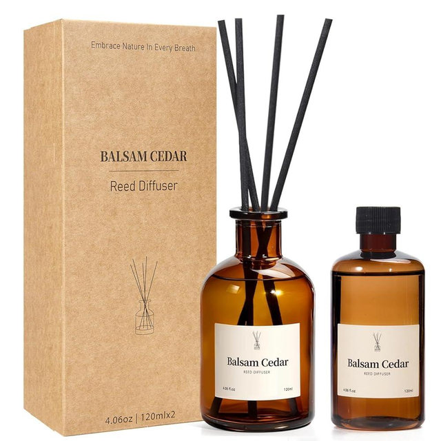 Balsam Cedar Reed Diffuser Set - Includes Reed Diffuser Sticks, 2 Pack Fragrance Oil and Glass Bottle, Reed Diffusers for Home Bathroom Shelf Decor & Gift, Air Fresheners (8.12 fl.oz)