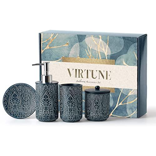 VIRTUNE Premium Navy Blue Bathroom Accessory Set. Home and Apartment Essentials Including Hand Pump Soap Dispenser, Soap Dish, Toothbrush Holder, and Tumbler Cup. Modern Bathroom Decor