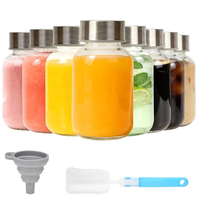Luxfuel 6 oz Small Clear Glass Bottles with Lids, 8 Pack Glass Juice Bottles with Stainless Steel Cap & 1 Funnels for Juicing, Milk,Ginger, Wellness & Drinks Jars Containers, Leak-Proof Travel Bottle