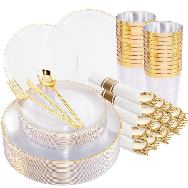 MirthMood 350PCS Clear Gold Plates for 50 Guests,Clear Disposable Dinnerware set Include: 50 Dinner Plates, 50 Salad Plates, 50 Rolled Napkins with Silverware and 50 10OZ Cups for Wedding & Party