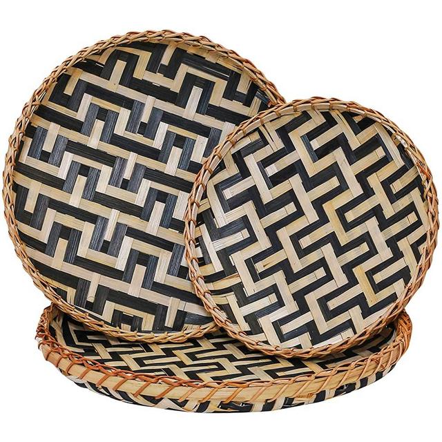 Decorative Wall Baskets Shallow Bamboo Tray Woven Art Decor Set Natural Handmade Fruit Basket Versatile Use for Home Decor, Breakfast Drinks Snack Coffee Table Hanging Serving Wicker (Black Natural)