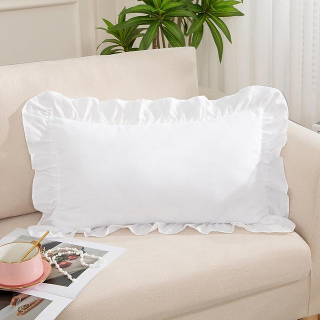 Yvrcen White Ruffle Lumbar Pillow Cover 12x20 Inch, Ruffled Cushion Case Covers for Couch Sofa Bed Living Room, Decorative Farmhouse Throw Pillow Cover, Pack of 1