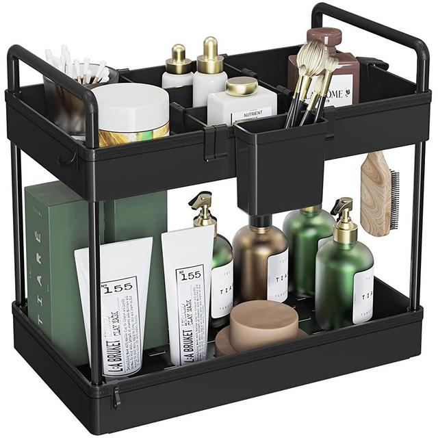 SOLEJAZZ Under Sink Organizer Bathroom Tray, 2-Tier Countertop Organizer Cosmetic Holder Standing Shelf, Storage Shelf Organizer with Dividers for Makeup Cosmetic Perfume, Black