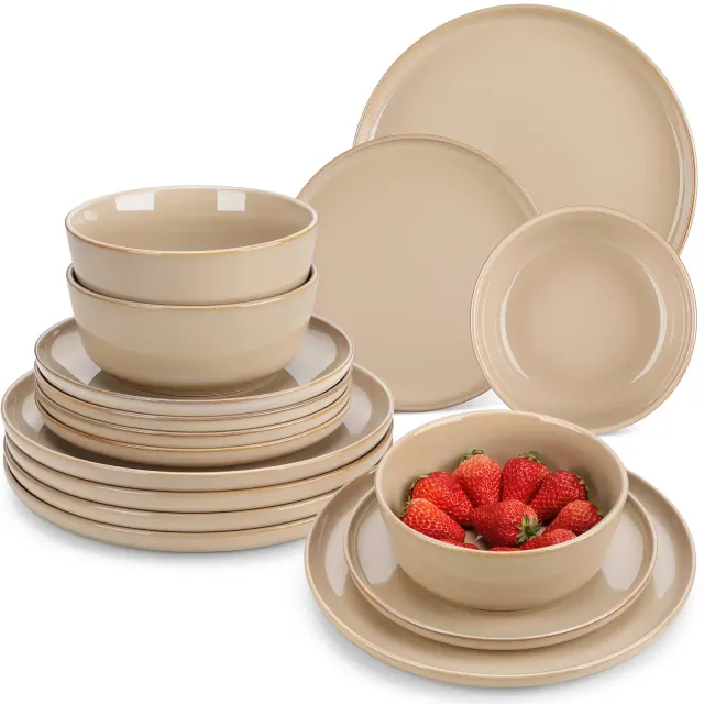 vancasso 18-Piece Brown Double-Sided Kiln-Glazed Set for 6 - Artistic Ceramic Plates & Cereal Bowls
