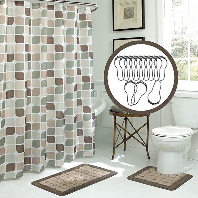 Creative Home Ideas 15-Piece Bathroom Shower Curtain Set – Set of 1 Shower Curtain & 12 Metal Hooks & 1 Bath Mat & 1 Contour Mat, Modern Bathroom Décor, Machine Washable, Zaragoza Linen/Chocolate