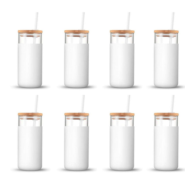 Tronco 20 oz Glass Tumbler Glass Water Bottle Straw Silicone Protective Sleeve Bamboo Lid - BPA Free - White/8 Pack