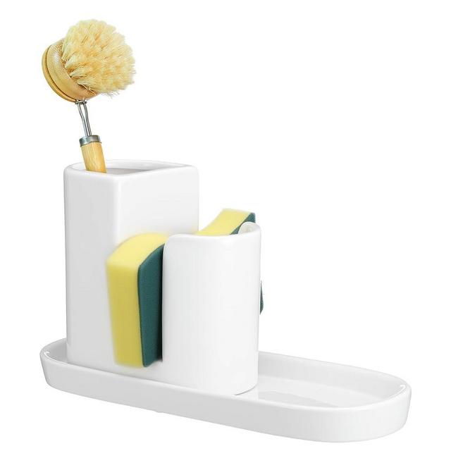 Geelin 3 in 1 Ceramic Kitchen Sink Caddy Dish Sponge Holder Scrub Brush Holder and Soap Tray for Kitchen Organizer White Rustic Farmhouse Supplies