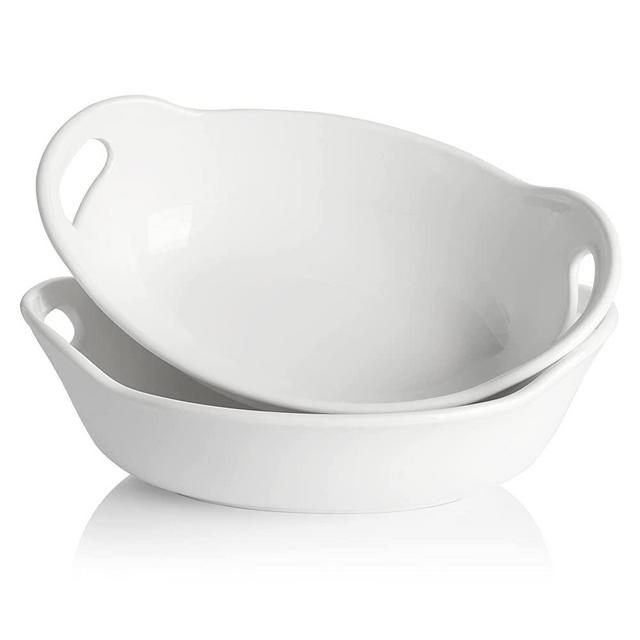 Sweese 718.101 Porcelain Serving Bowl with Handles, 1.8 Quarts Oval Serving Platter for Salad, Stew, Fruits and Pasta - Set of 2, White