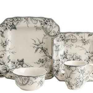 222 Fifth Adelaide 16-Piece Square Floral Dinnerware Set – Service for 4, Grey & White Porcelain Plates & Bowls, for Everyday Dining & Entertainment, Microwave & Dishwasher Safe, Chip Resistant