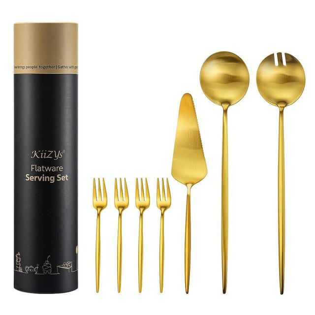KiiZYs Matte Gold Serving Spoons and Forks Set of 7, Serving Utensils Set 11 inch, Cake Cutter, Salad Server, Pie Server Stainless Steel Flatware Tongs Tosser Kitchen Silverware Gift Box