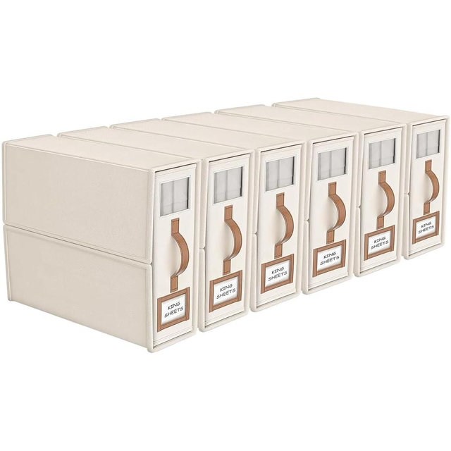 BigPonPon 6 Pack Foldable Bed Sheets Set Organizers and Storage(King & Queen Size),Linen Fabric Closet Organizers with Window,Folding Bedding Storage Box for Bedsheets and Pillow Cube Organizer-Beige
