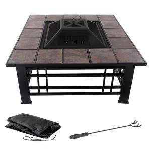 32 in. Steel Square Tile Fire Pit with Spark Screen and Poker