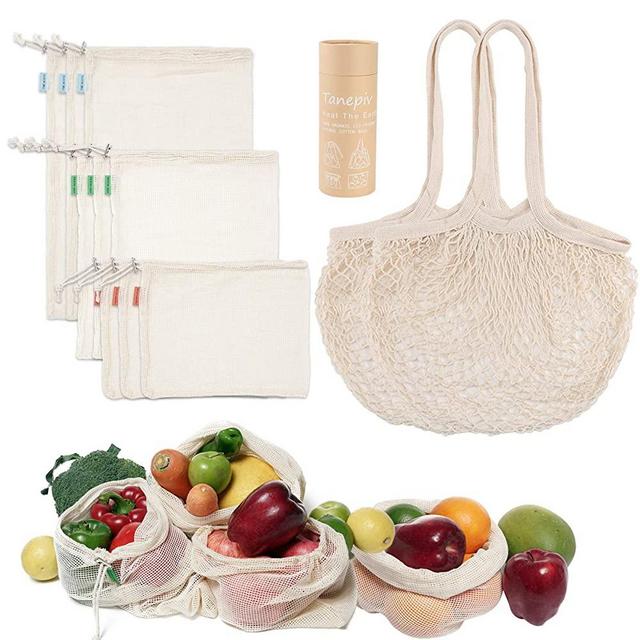 Reusable Produce Bags - 11 Pack | Double Stitched Durable Washable Organic Cotton Drawstring Mesh Vegetable Bag with Tare Weight