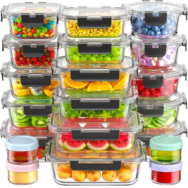 Canfanni 40 Piece Glass Food Storage Containers with Lids, Borosilicate Meal Prep Containers, BPA-Free, Stackable, Airtight Leak-Proof, Microwave, Dishwasher, Freezer Safe (20 lids & 20 Containers)
