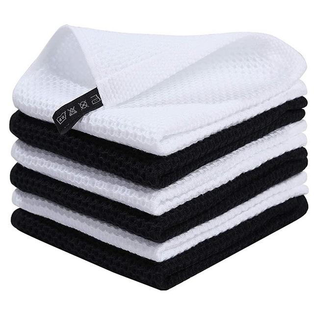 Homaxy 100% Cotton Waffle Weave Kitchen Dish Cloths, Ultra Soft Absorbent Quick Drying Dish Towels, 12x12 Inches, 6-Pack, White and Black