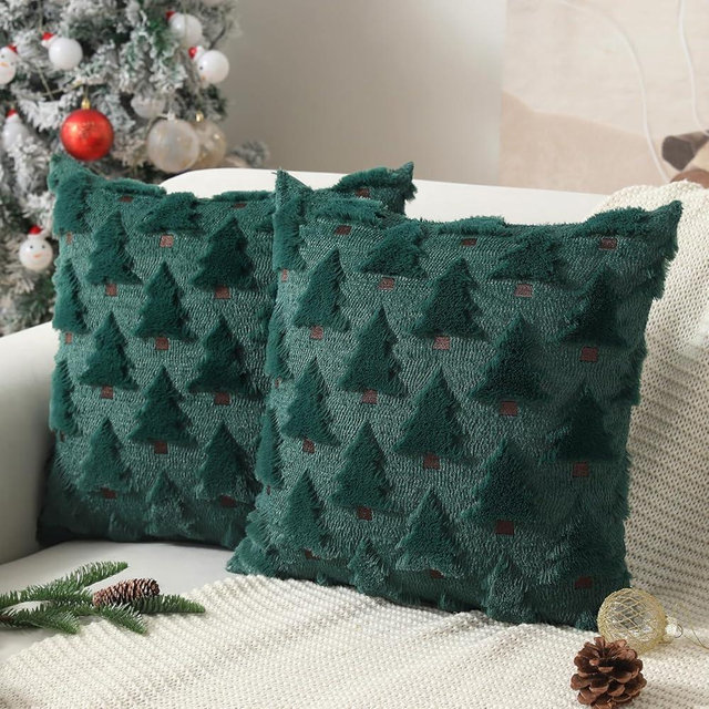 Allorry Christmas Pillow Covers 18x18 inch Set of 2 Christmas Decorations Christmas Tree Throw Pillow Cases Soft Plush Faux Fur Wool Pillow Covers Winter Holiday Decor for Sofa Living Room PT-002A18