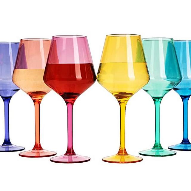 European Style Tritan Crystal, Stemmed Wine Glasses, Acrylic Glasses Drinkware Dishwasher Safe, Unbreakable Colored , 6 - Set - Shatterproof BPA-free plastic, Reusable, All Purpose Glassware, 15oz
